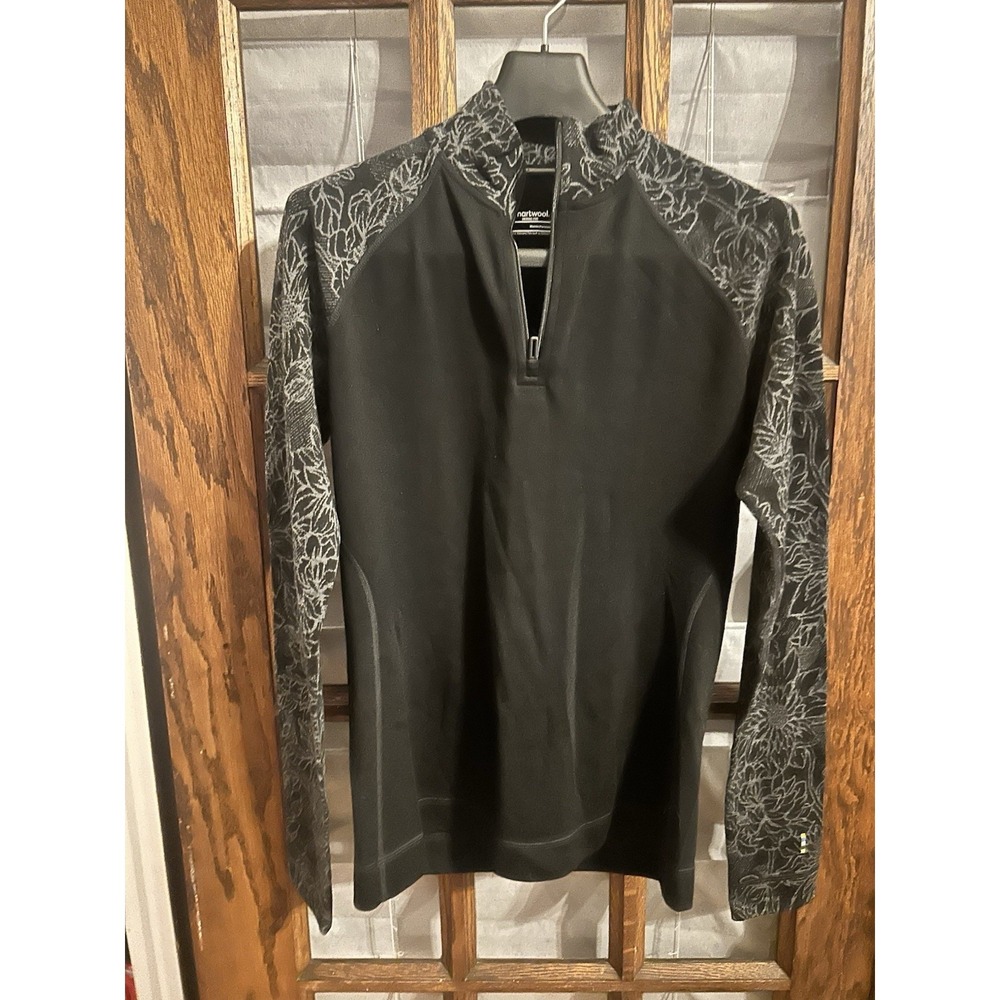 Smartwool Women's Large Floral 1/4 Zip Wool Pullover Black Gray Long Sleeve